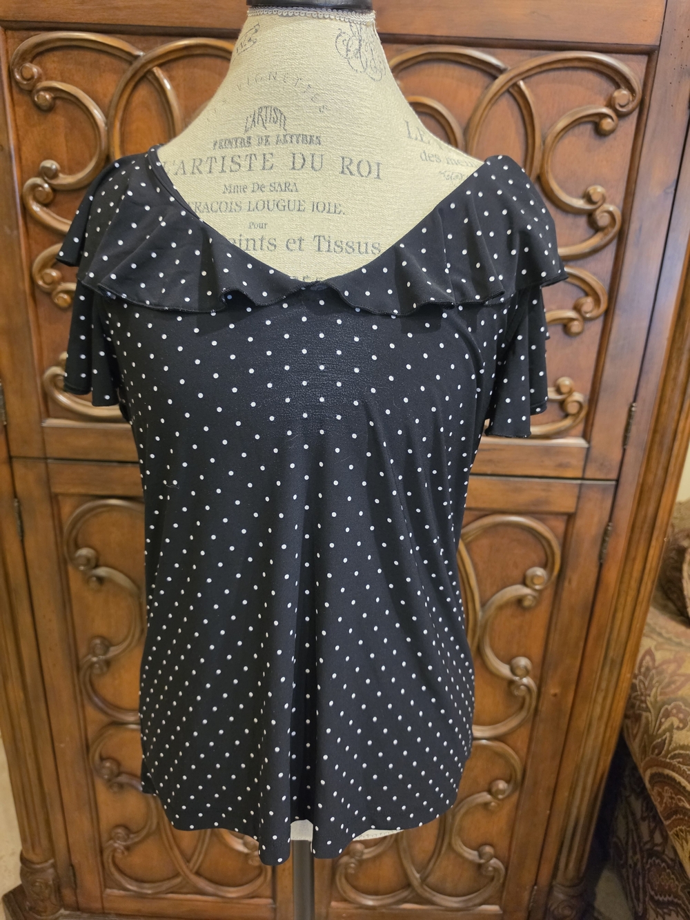 American Living Black Polka Dot Ruffle Neckline Top